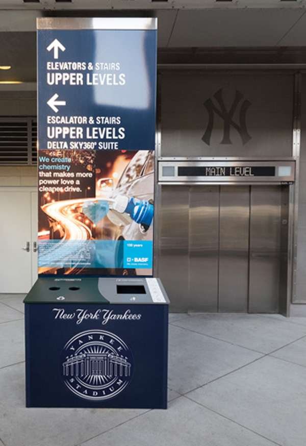 A Yankees branded trash and recycling bin