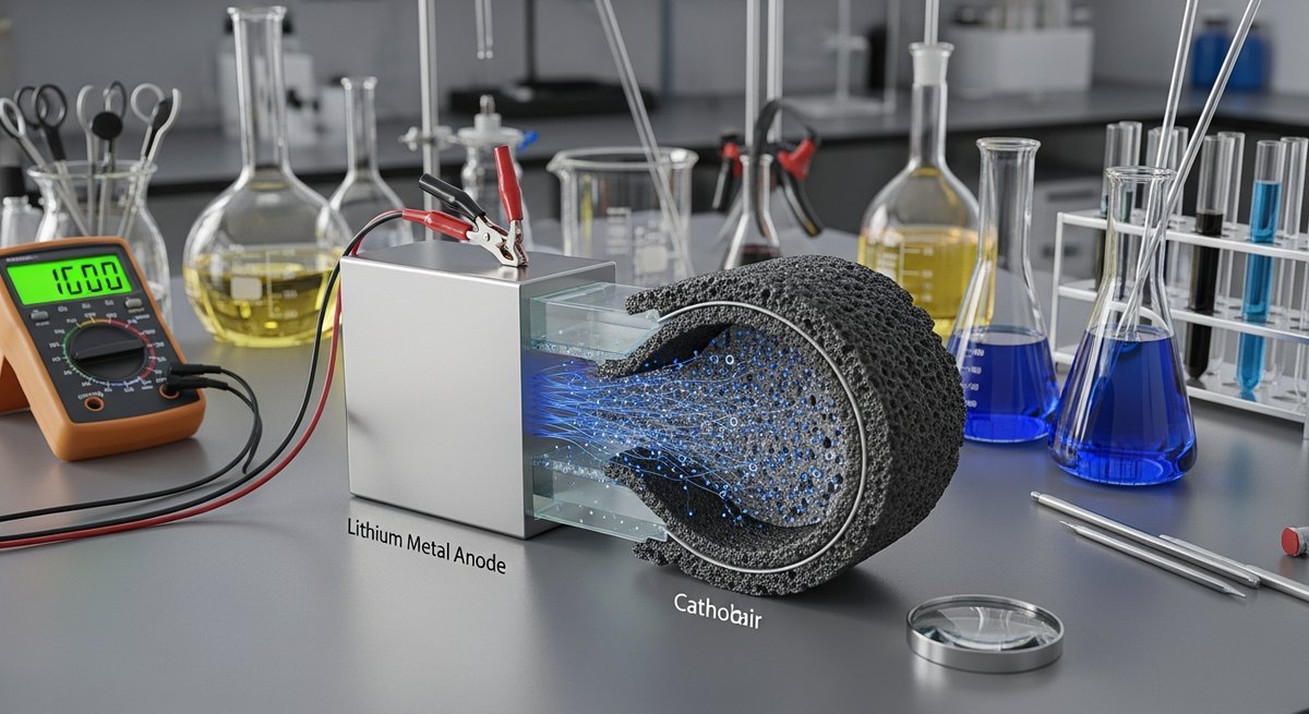 Photorealistic 3D model cutaway of a lithium-air battery cell showing oxygen intake and lithium anode