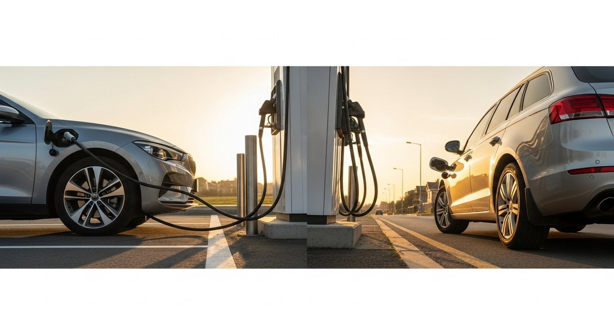 Electric vehicle at charging station beside a petrol car at fuel pump illustrating efficiency comparison