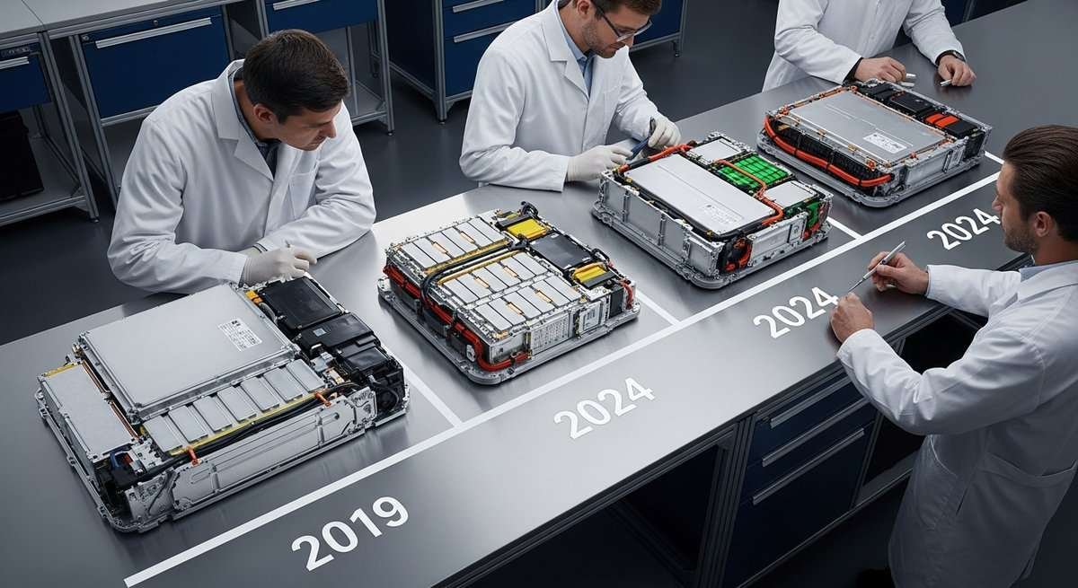 Evolution of EV battery packs from 2019 to 2024 laid out in a professional automotive lab