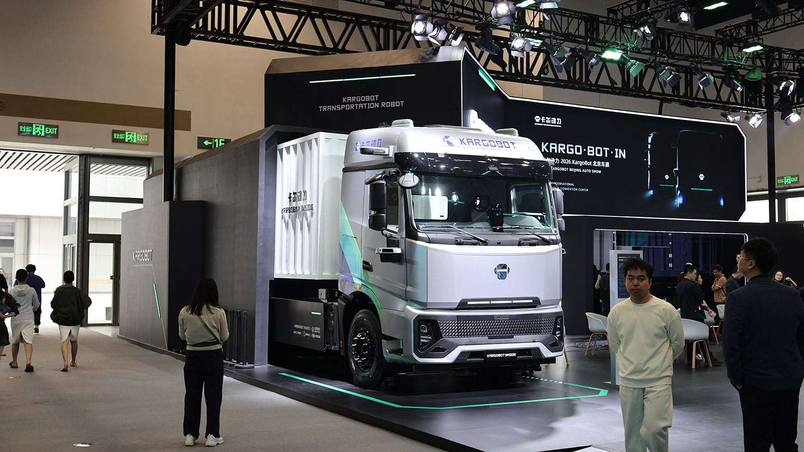 An autonomous heavy-duty truck on display at the Beijing Auto Show in April 2026.