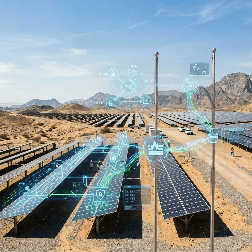 Solar panels in a desert landscape overlaid with digital cybersecurity icons and network connections