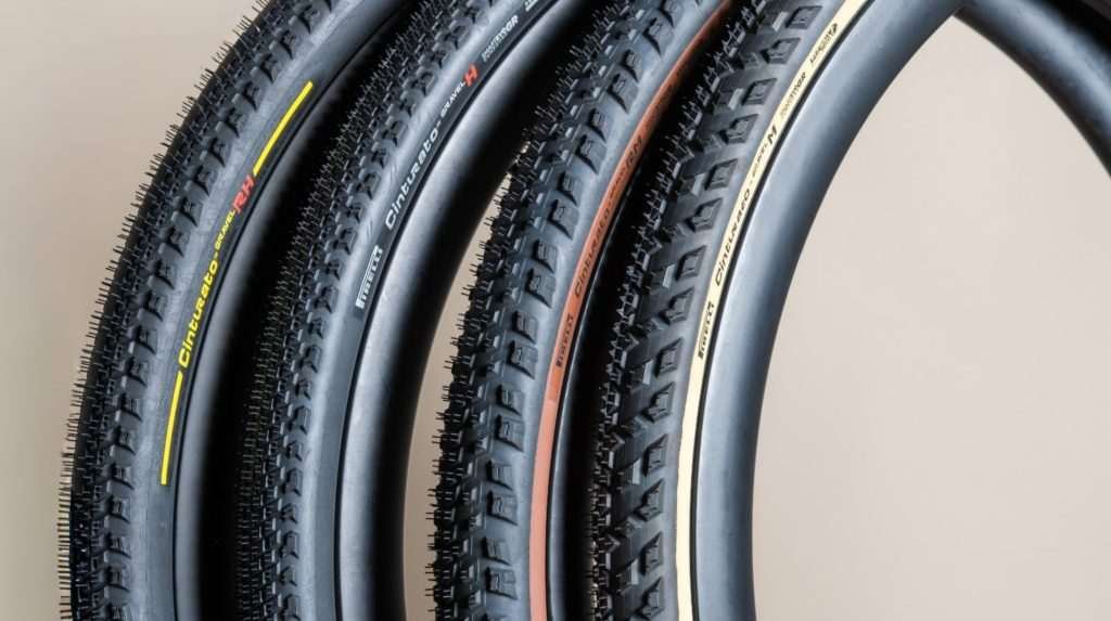 Close up four tires in the new Pirelli HP Gravel Line.