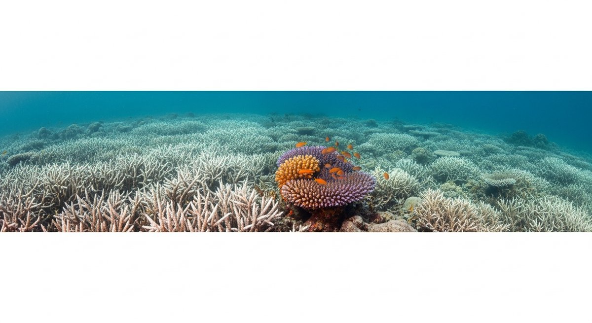 Underwater view of bleached white coral reef next to a small patch of surviving colorful coral with stressed fish nearby
