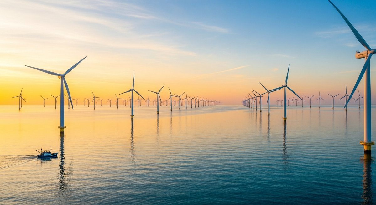 Offshore wind farm stretching across the ocean at sunrise with turbines reflecting golden light on calm blue-green water