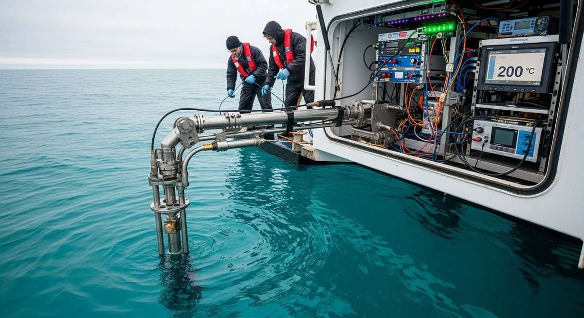 Marine research vessel crew measuring ocean surface temperature with scientific instruments over open blue sea