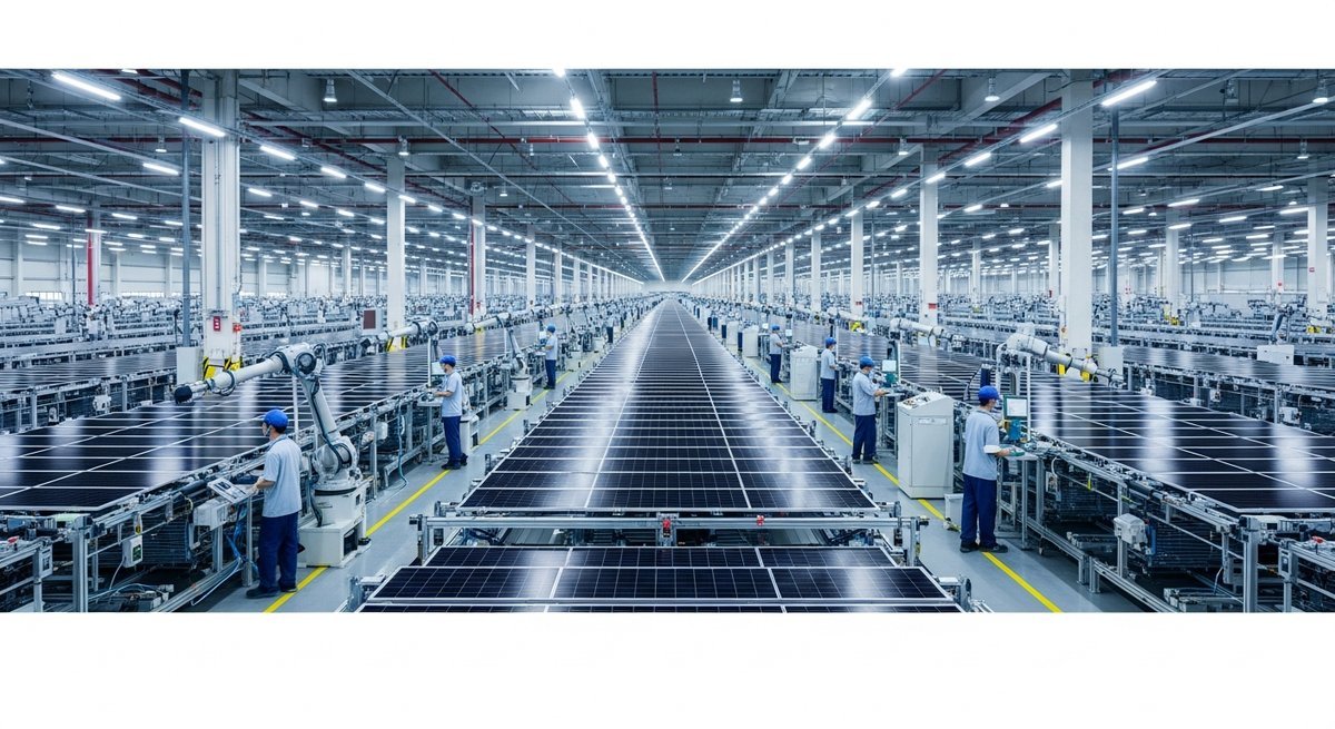 Large solar panel manufacturing facility floor with workers and robotic arms assembling solar modules in long production line