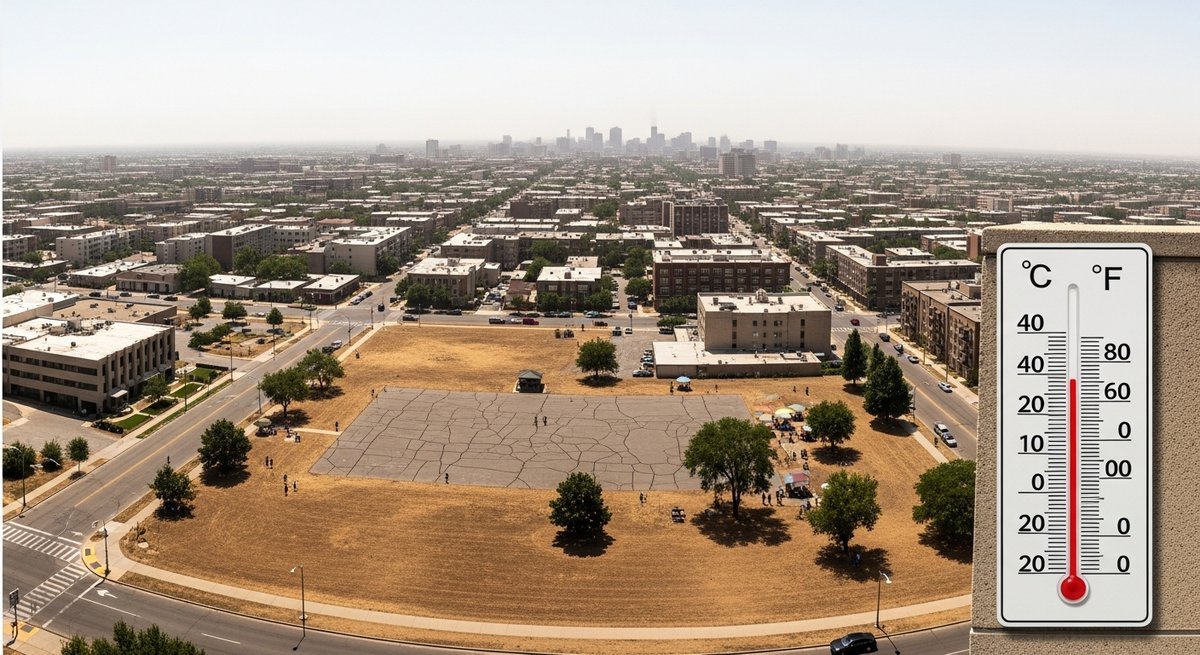 Aerial view of a heat-scorched urban neighborhood with cracked asphalt, dry lawns, and hazy sky during a deadly summer heatwa