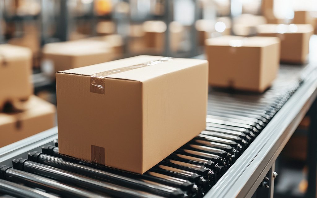 Cardboard boxes on a warehouse conveyor belt.