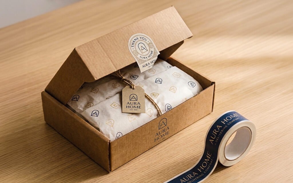 Templated Custom Packaging featuring custom tissue paper, a hang tag, and branded adhesive tape.