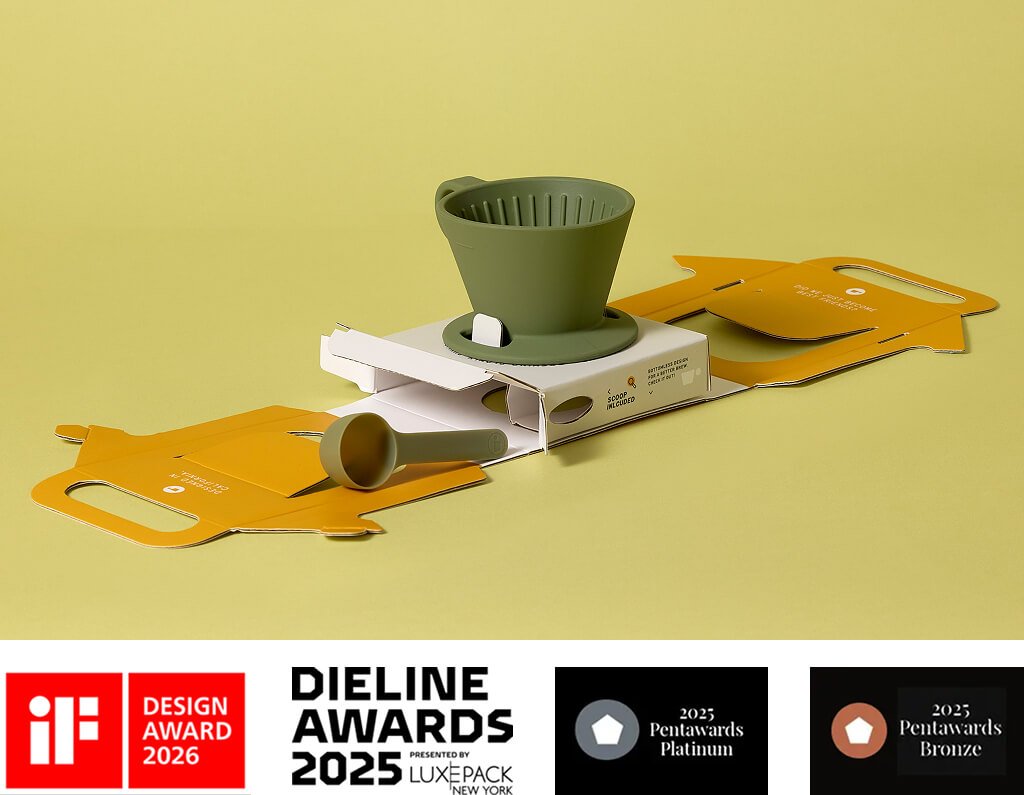 Award-winning Dwell Dripper cardboard packaging with integrated scoop.
