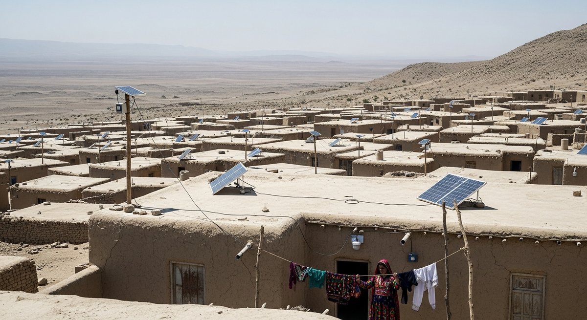 Remote Balochistan village with off-grid solar panels on mud-brick homes in an arid landscape, far from any power grid