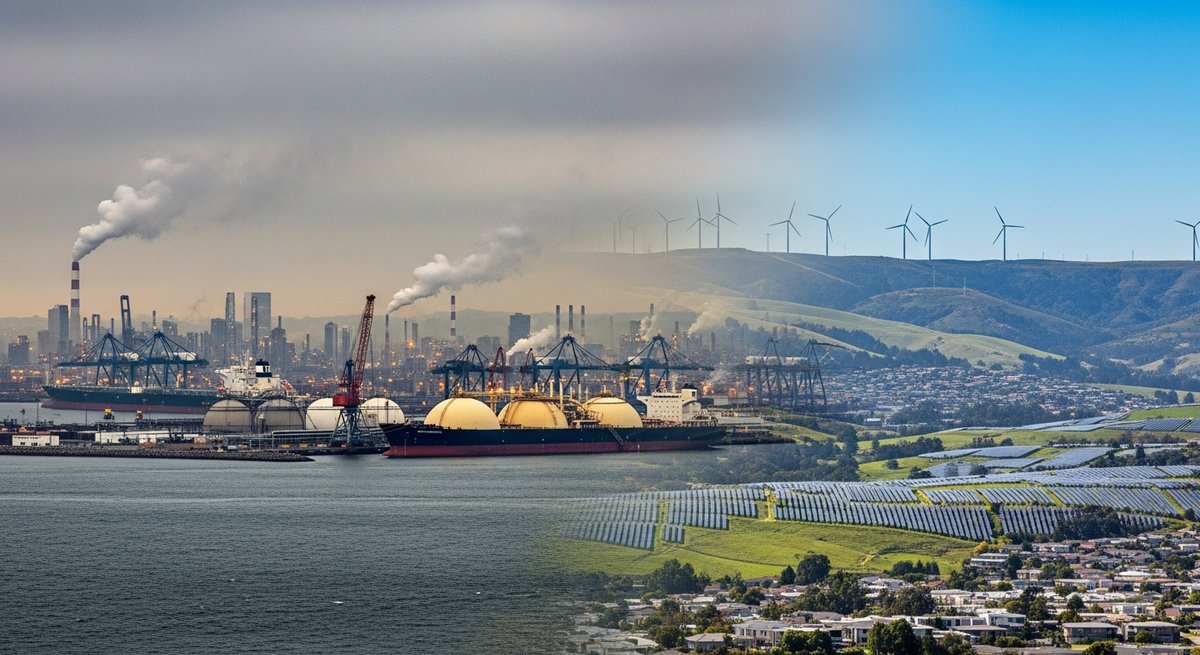 Composite landscape showing fossil-fuel port infrastructure contrasted with a solar-powered hillside community, symbolising d