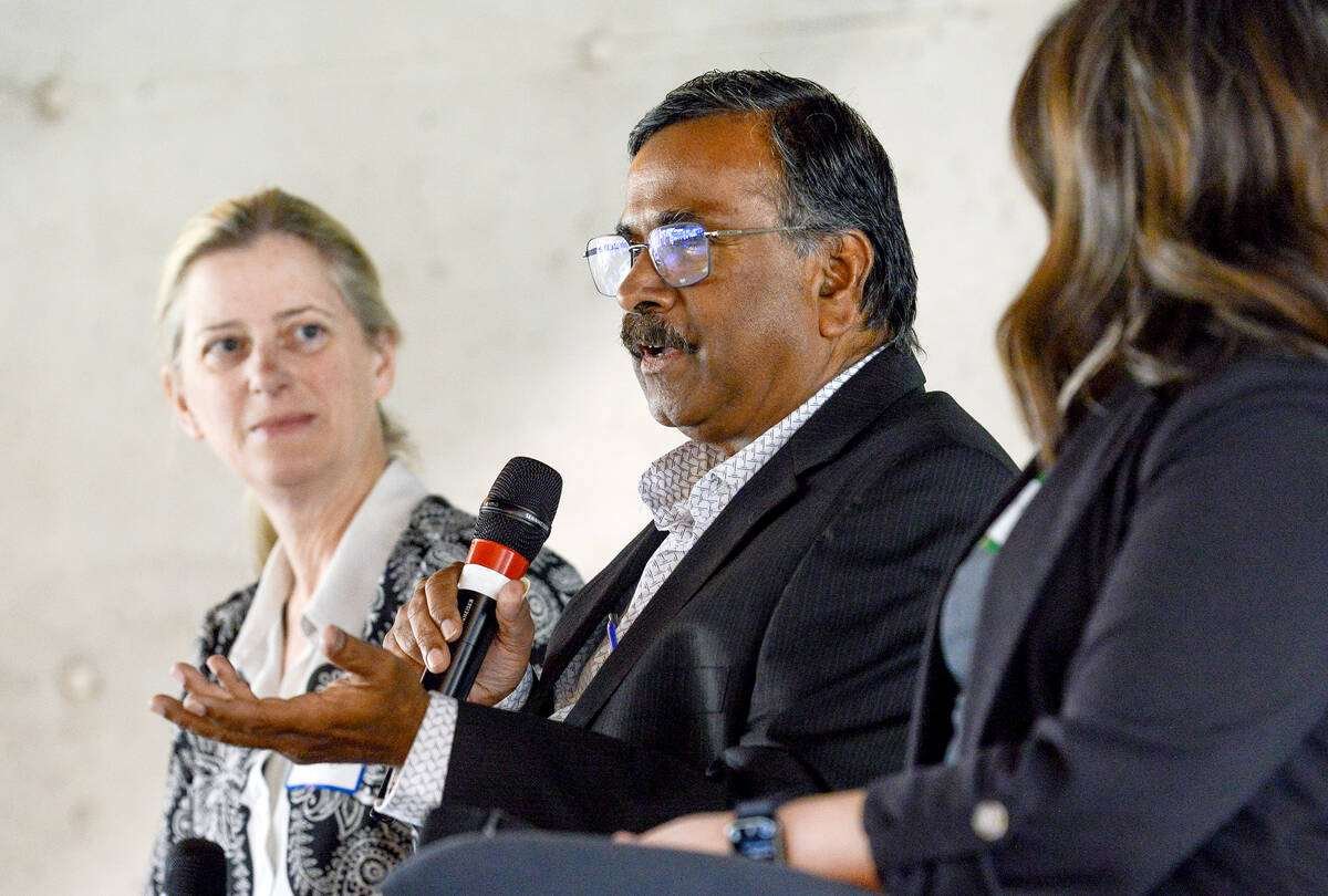 Jay Subramanian, professor in the Ontario Agricultural College Department of Plant Agriculture, flanked by fellow panellists, Terri O’Sullivan, left, and Kelsey Spence, right, associate professors in the Ontario Veterinary College Department of Population Medicine, discuss the importance of industry partnerships, access to funding and accessible knowledge sharing during the 2026 KTT Symposium at the University of Guelph. Photo: Diana Martin