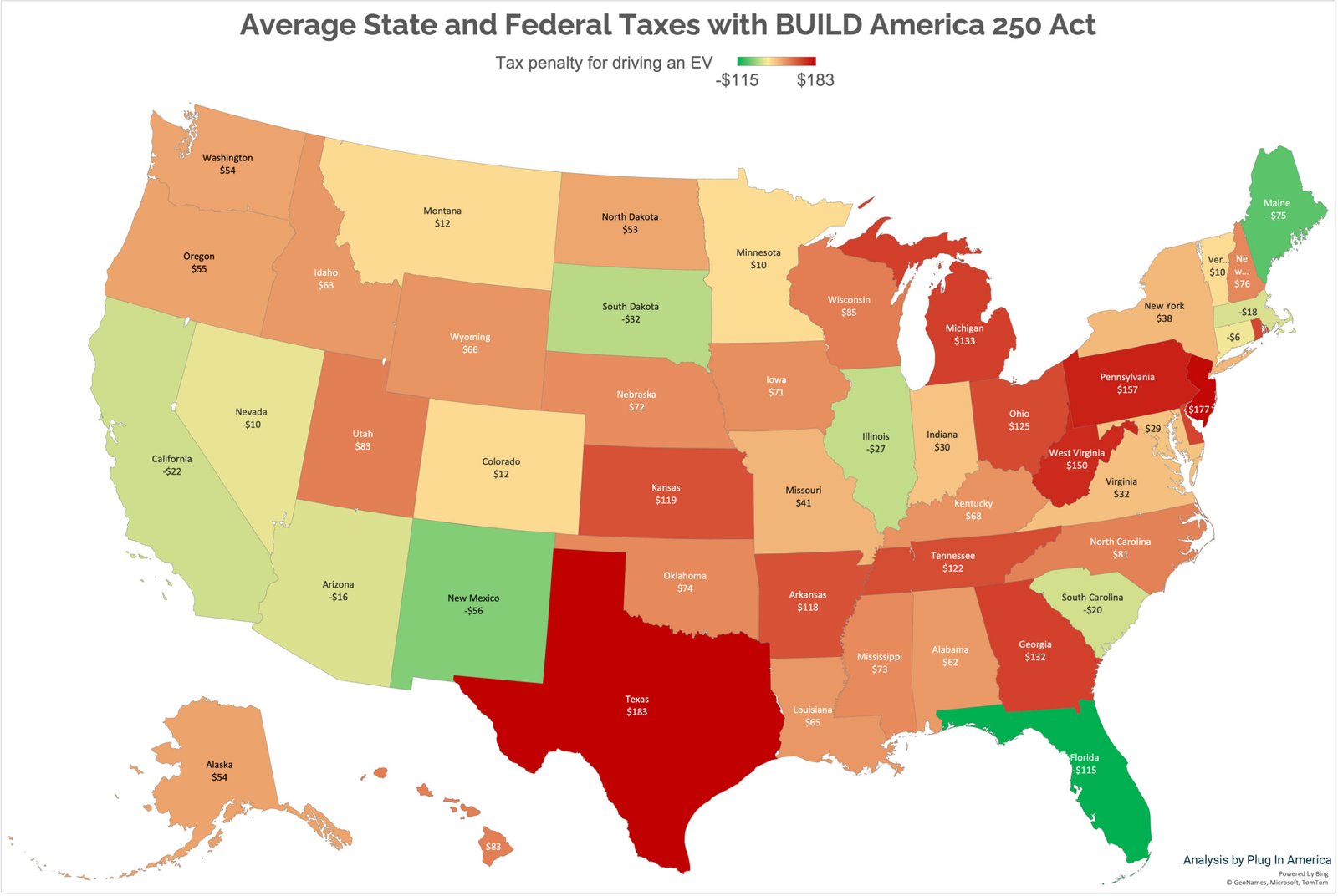 Map of US showing how much EV drivers pay in comparison to gas drivers with the provisions from the BUILD America 250 Act