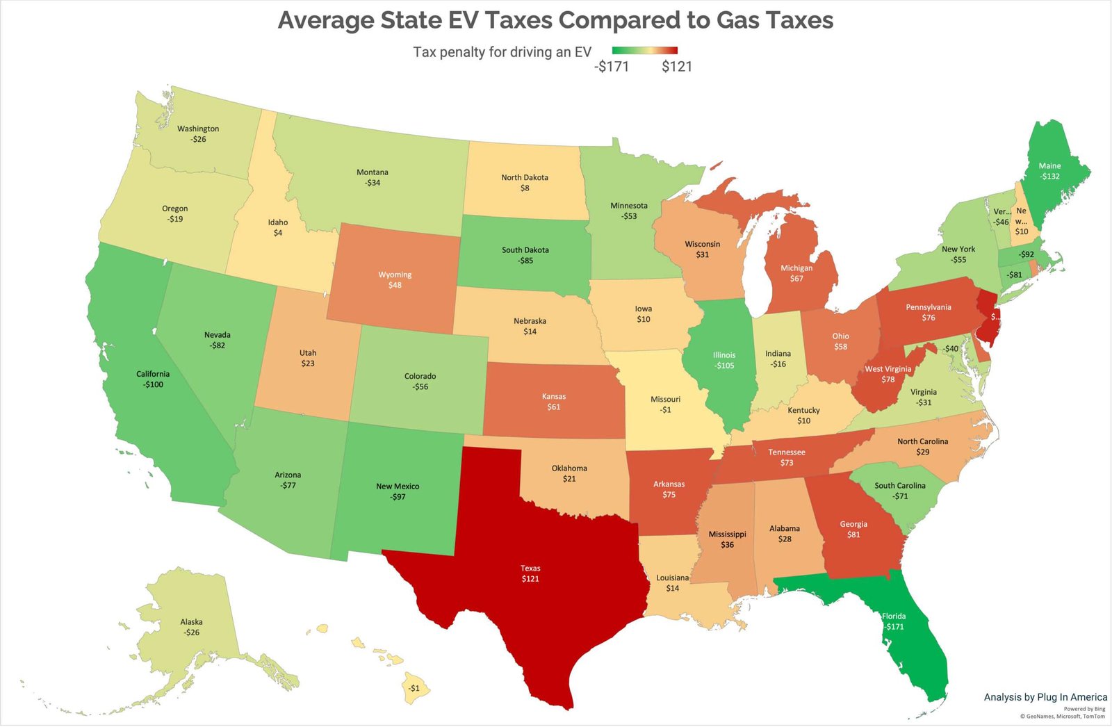 Map of US showing how much EV drivers pay in comparison to gas drivers