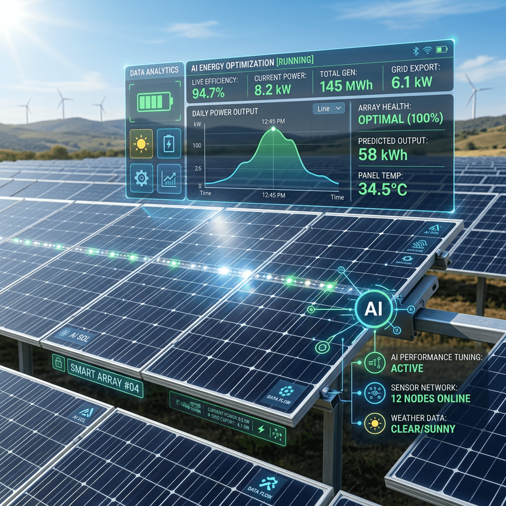 Solar panels with AI interface showing energy data and system status