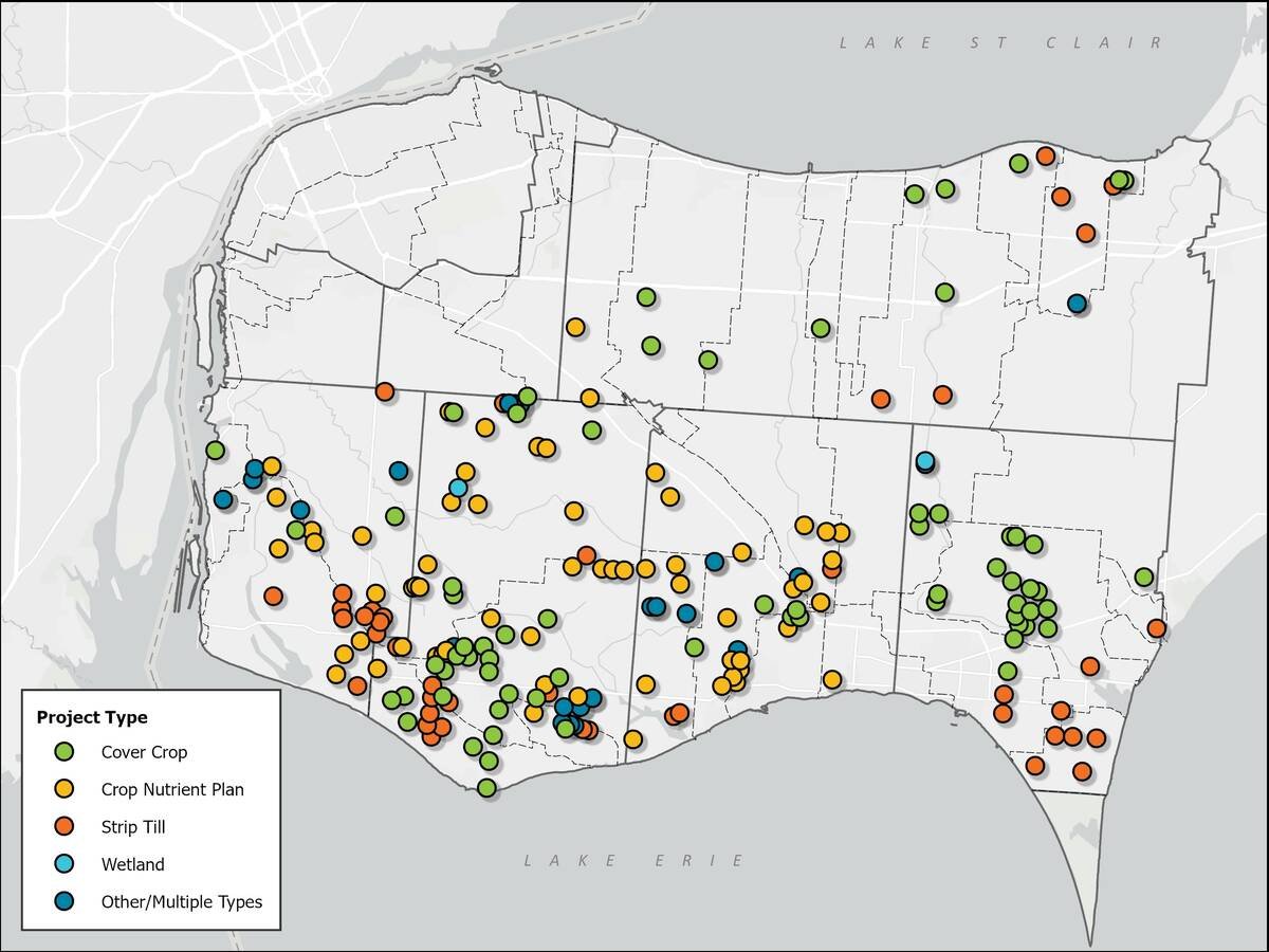 This map shows practices funded across the Essex Region Conservation Authority area in 2024. Photo: Courtesy Essex Region Conservation Authority