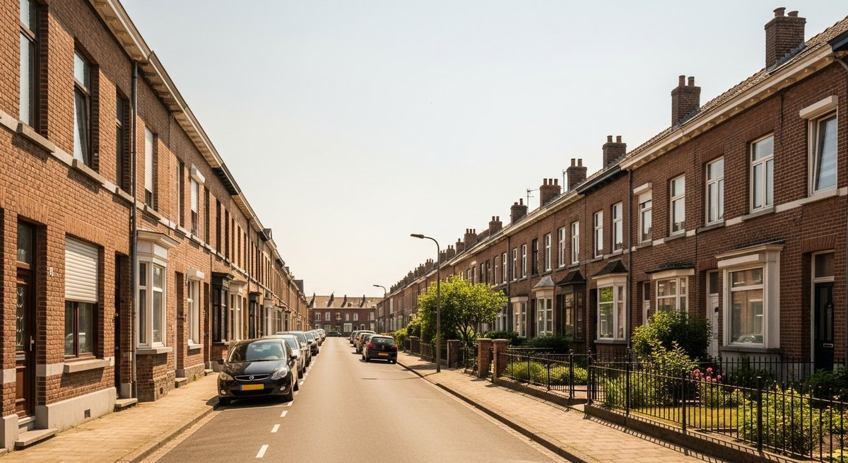 Northern European brick terrace houses with no shading or cooling features baking under an unusually intense summer sun