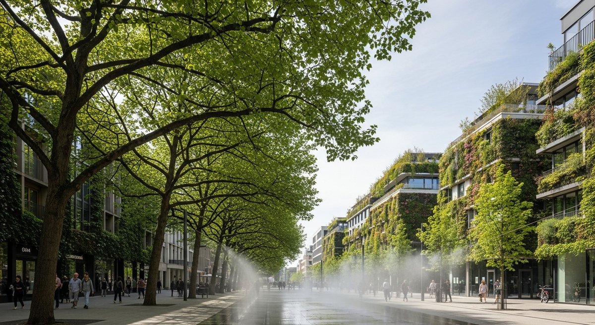 Modern European city street with green roofs, vertical gardens, tree canopies, and misting water features reducing urban heat