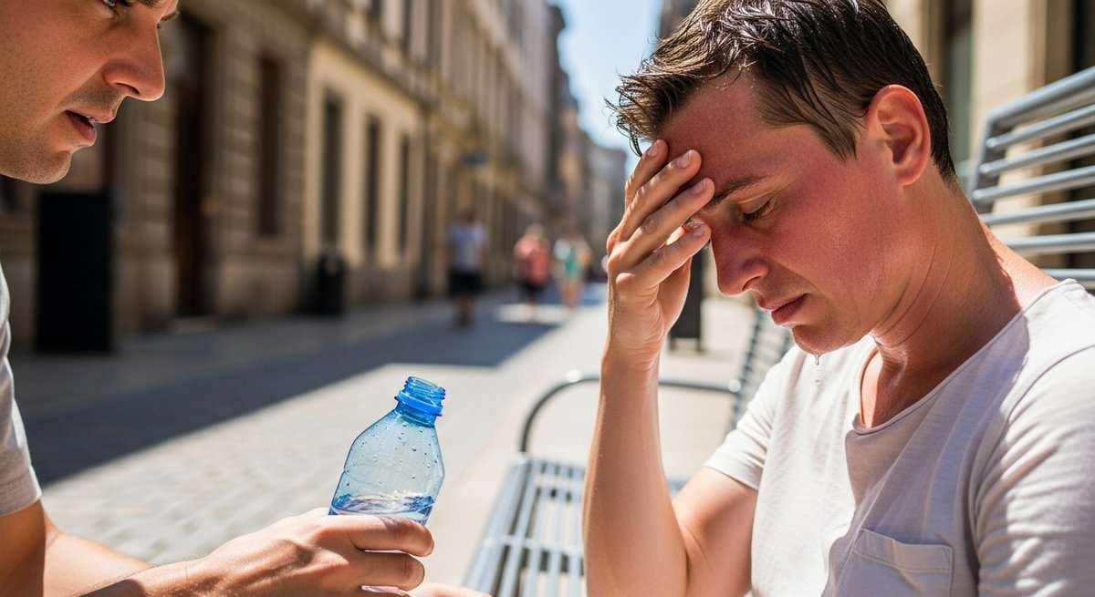 Person showing signs of heat exhaustion on a sunny urban bench while a bystander offers water