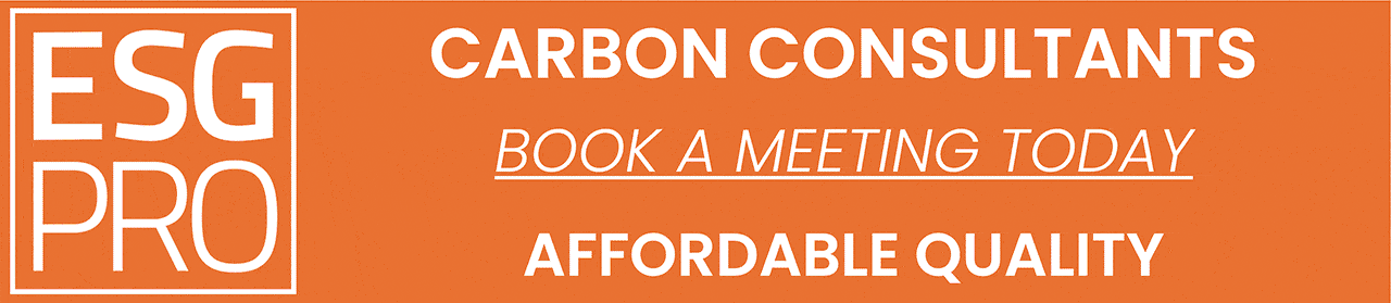 Orange banner with white text: "ESG PRO," "CARBON CONSULTANTS," "BOOK A MEETING TODAY," and "AFFORDABLE QUALITY." Revolutionize your GHG Scope 3 strategy and optimize investments.