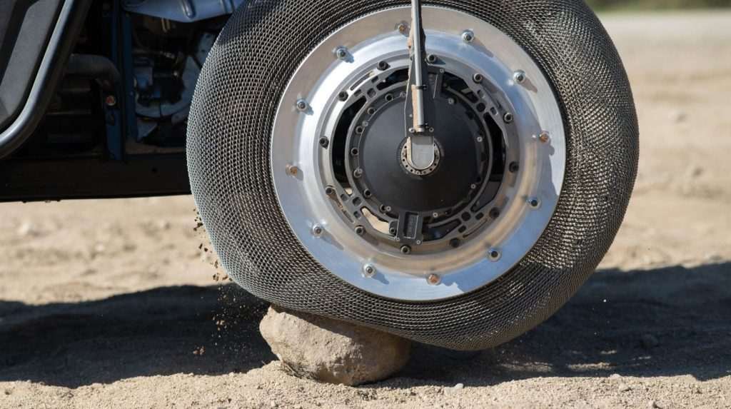 Close up of a Goodyear tire that will be used on the Pegasus lunar terrain vehicle.
