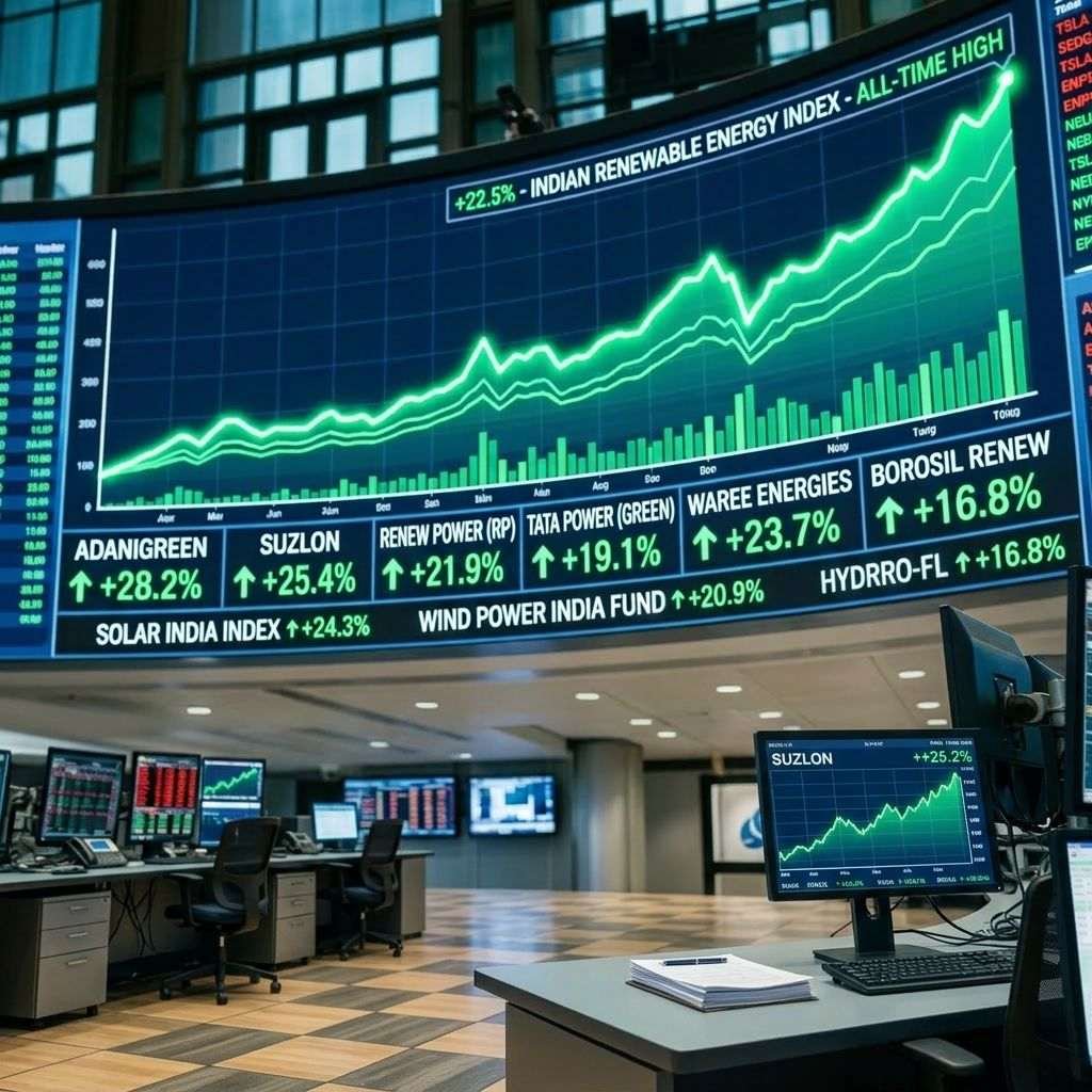 Stock market display showing rising Indian renewable energy index and stock prices with two businessmen discussing