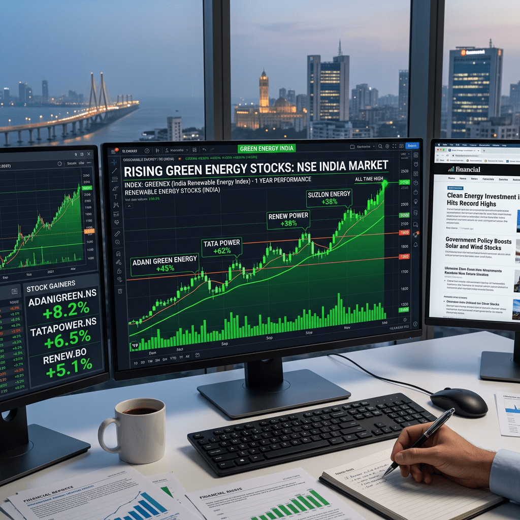 Computer monitors showing graphs and data of rising green energy stocks in India with a cityscape view outside the window