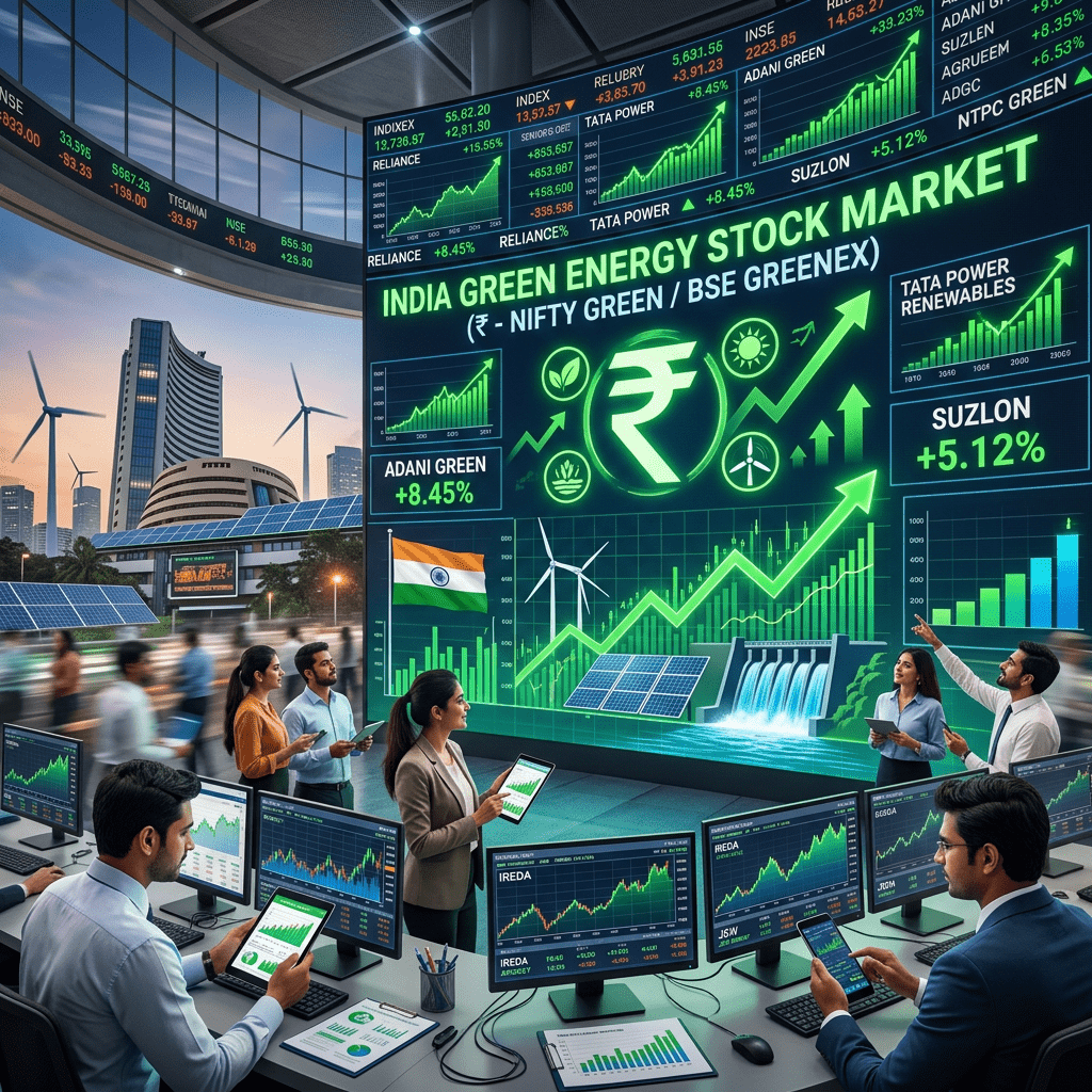 Stock market displaying rising green energy stocks and Indian renewable energy data