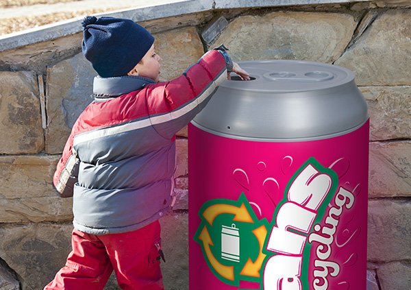 A large bottle and can recycling bin
