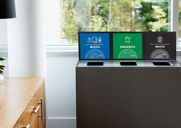 A three stream waste, recycling, and organics bin