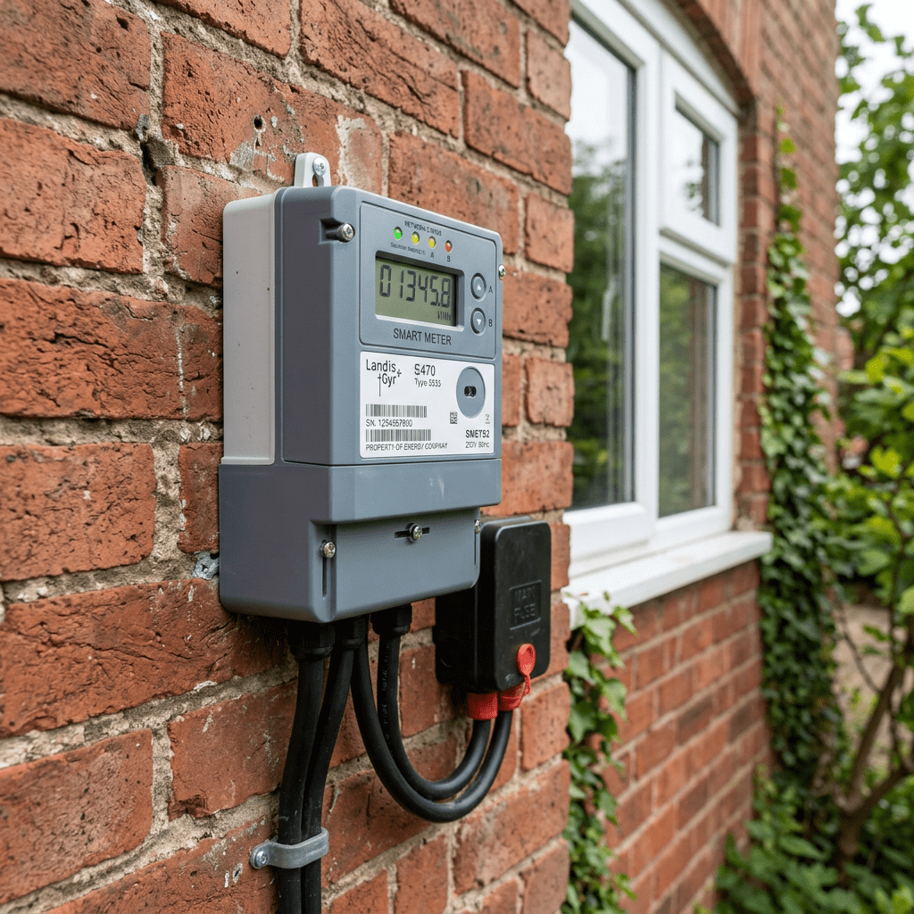 Smart electric meter mounted on an exterior red brick wall beside a white-framed window.