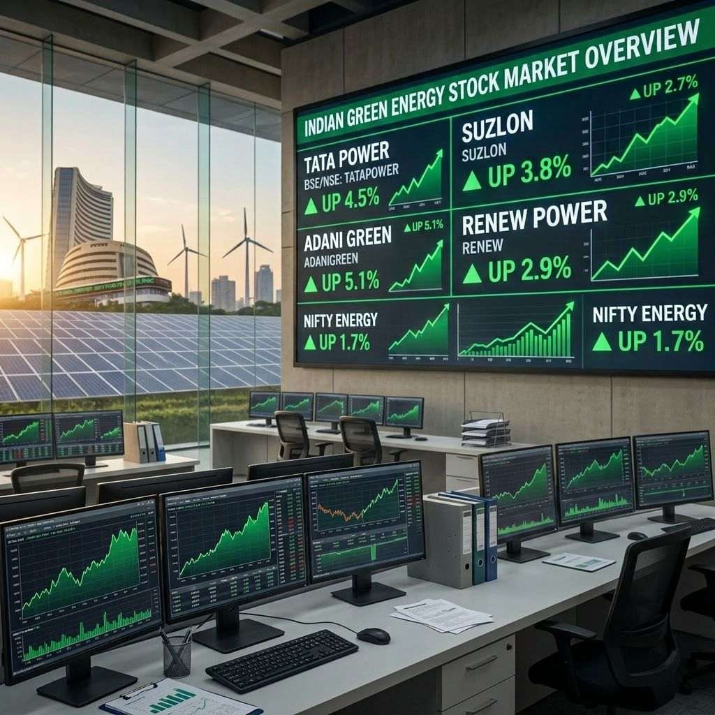Indian green energy stock market overview with rising stock charts and professionals working