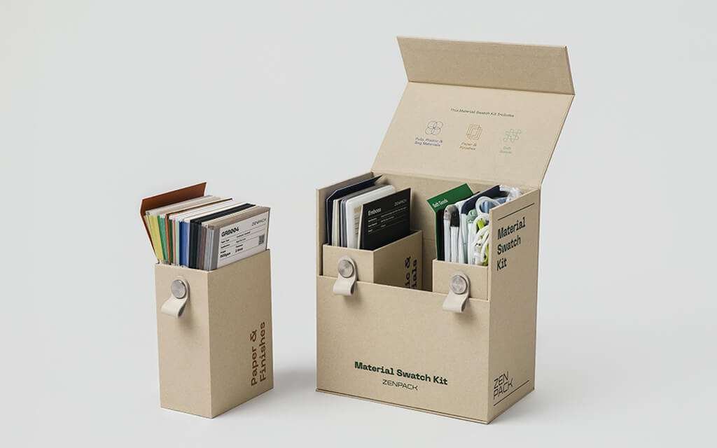 Zenpack sustainable packaging swatch kit with 100+ material samples