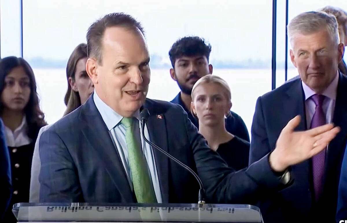 Federal transport minister Steven MacKinnon fields questions around expropriation and environmental and ecological protections related to Alto’s newly proposed southern route through Kingston during a June 22 press conference. Photo: CPAC screenshot