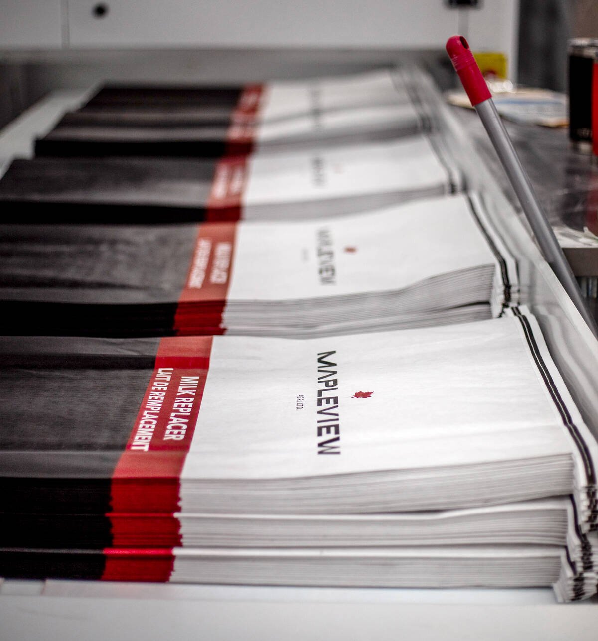 Mapleview Agri Ltd. heat-seals its milk replacer bags, which limits any potential spoilage. Photo: Hannah Crawford Photography