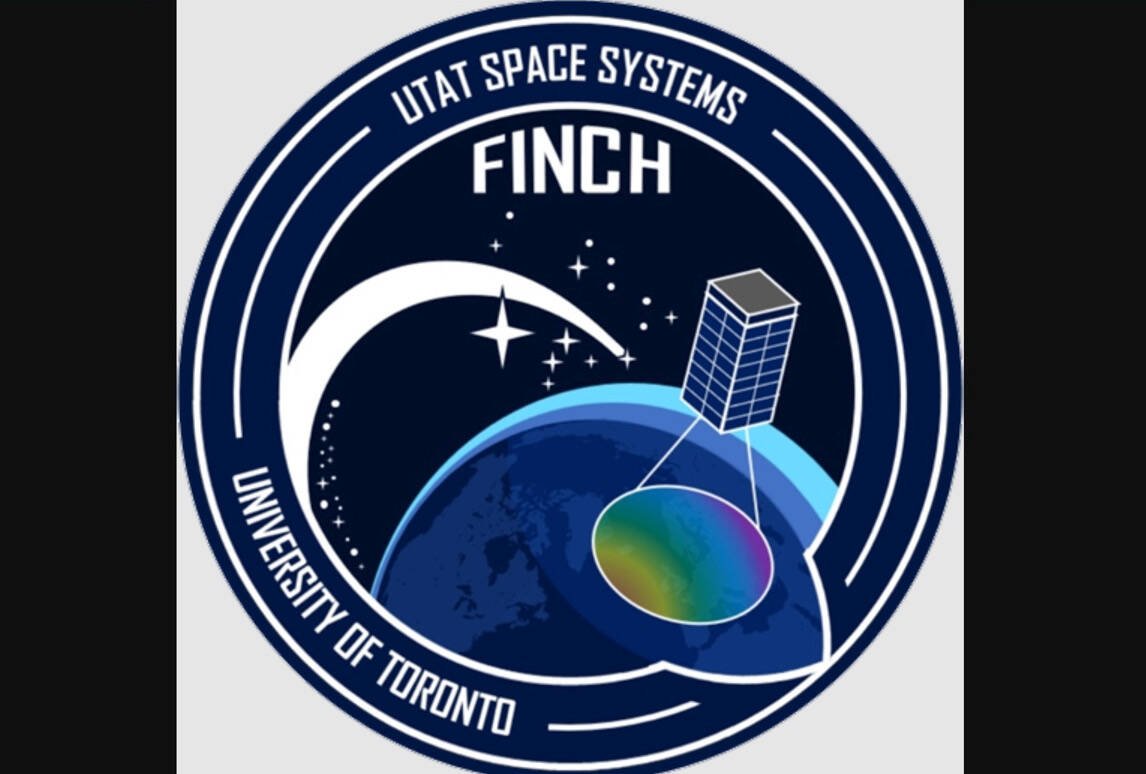Circular mission patch reading UTAT Space Systems FINCH and University of Toronto, showing a satellite scanning a rainbow-coloured swath of Earth. Graphic: University of Toronto
