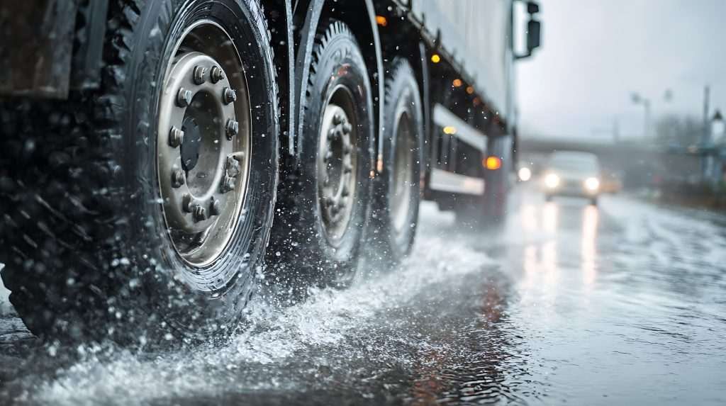 Close up of Michelin tires on a truck driving through wet rainy conditions.