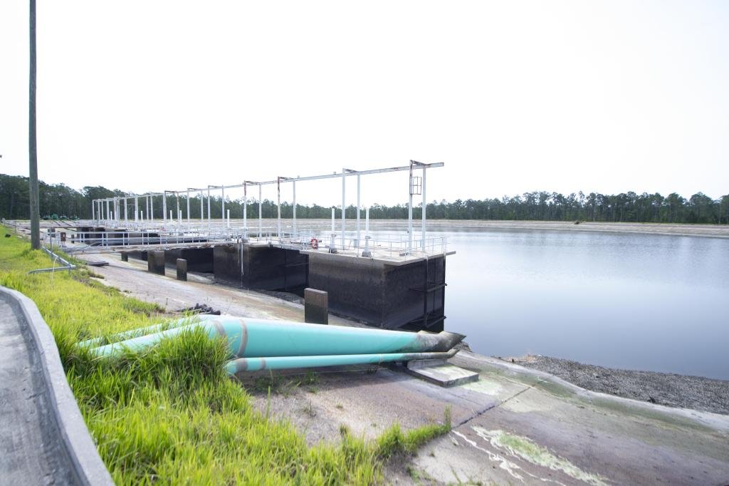 Another view of the reservoir on May 11 showing the drastically reduced water level after major pumping operations for facility upgrades.