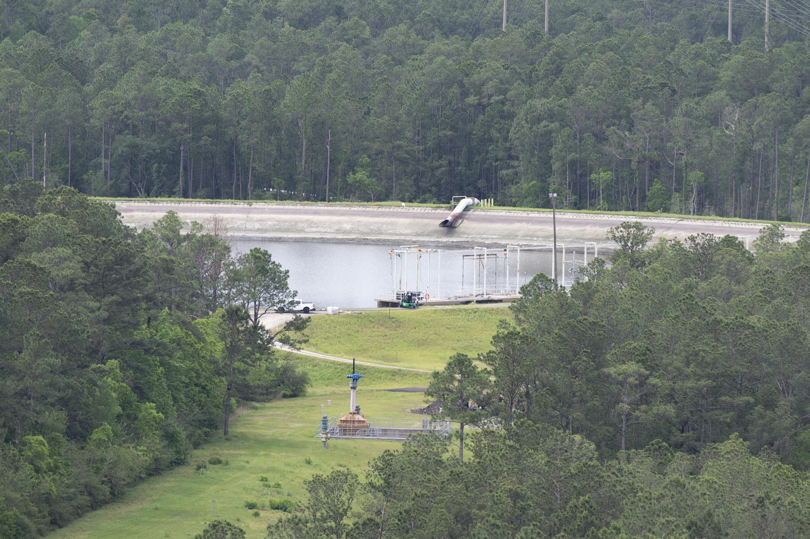 View from the Thad Cochran Test Stand on May 11 showing the reservoir at its lowest level since the 1960s after extensive water removal.