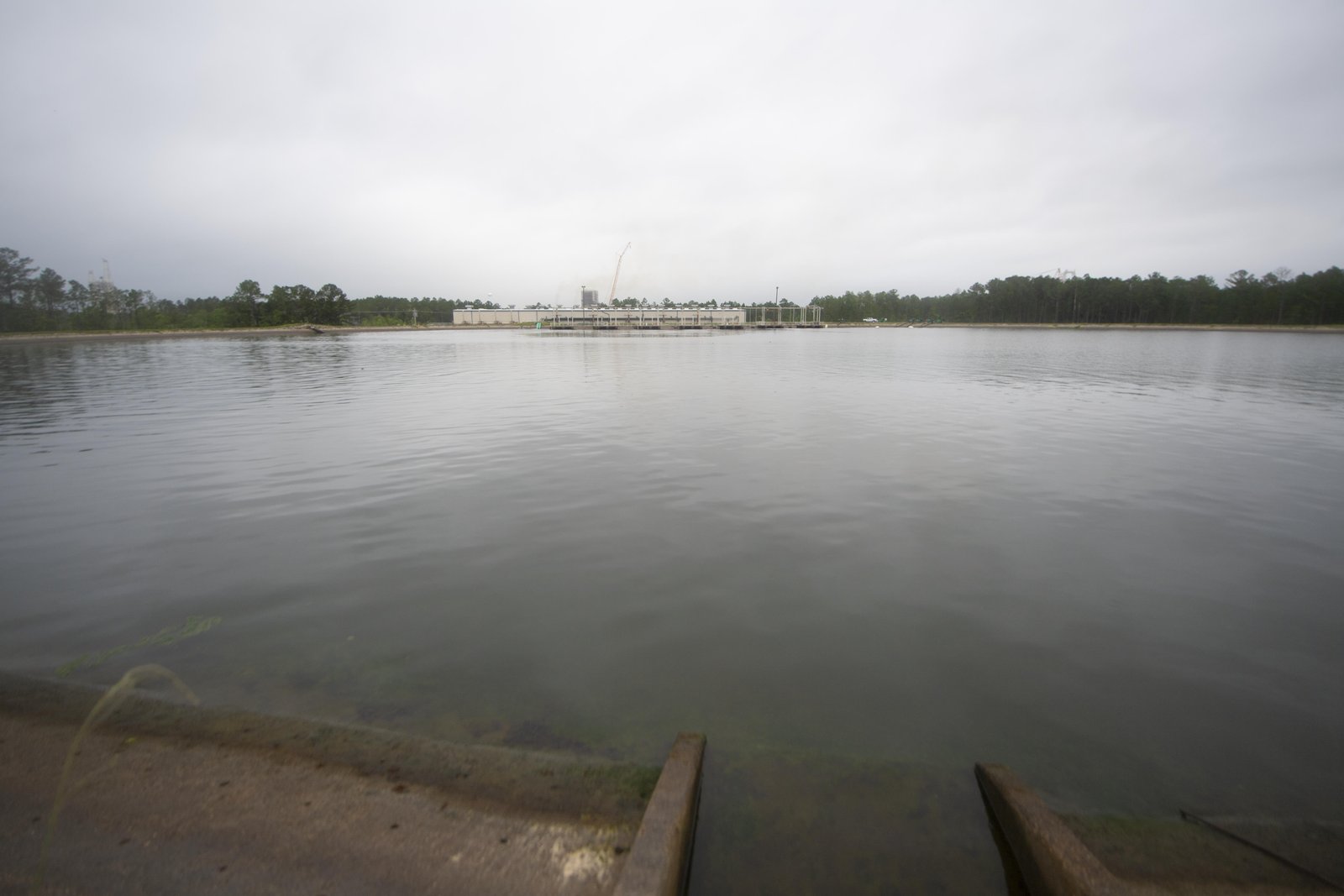 A wide view of the High Pressure Industrial Water Facility reservoir at Stennis Space Center on May 7, filled nearly to capacity as crews begin removing water for facility upgrades.