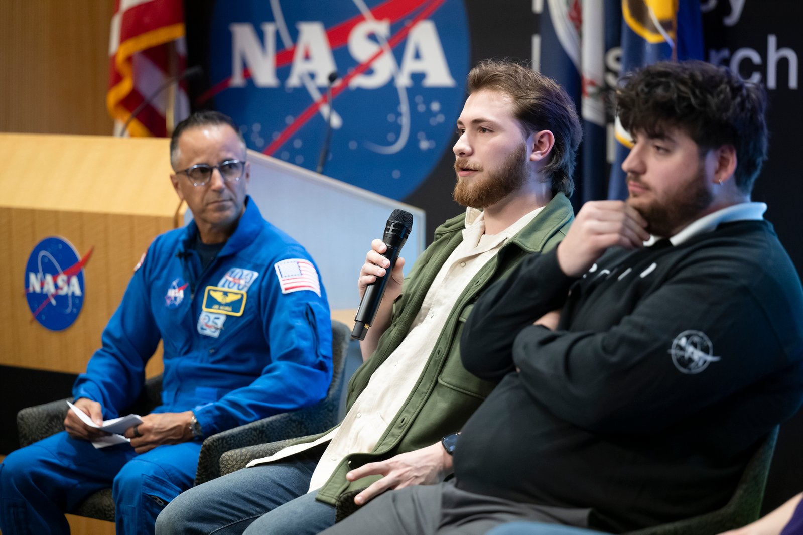 Wyatt Healy, mechanical engineering technician apprentice at NASA’s Langley Research Center, answers questions during a career panel featuring NASA Langley technician apprentices during Career Technical Education Day.