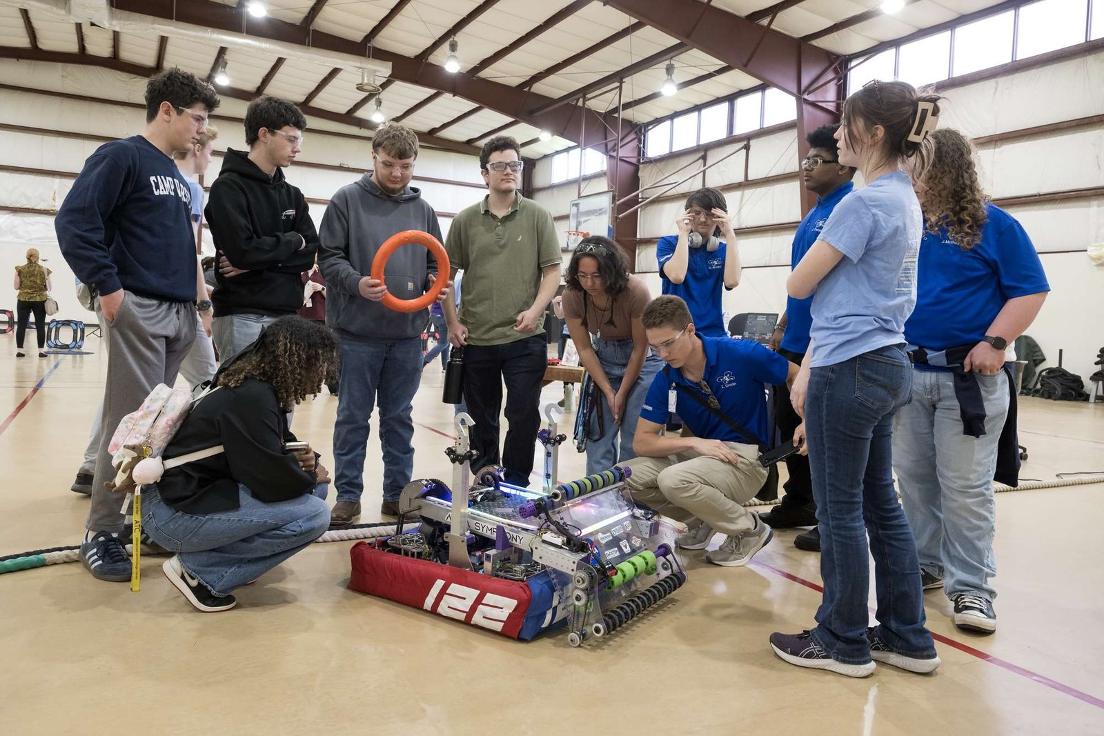 Students participate in a hands-on robotics demonstration during Career Technical Education Day at NASA’s Langley Research Center in Hampton, Virginia.