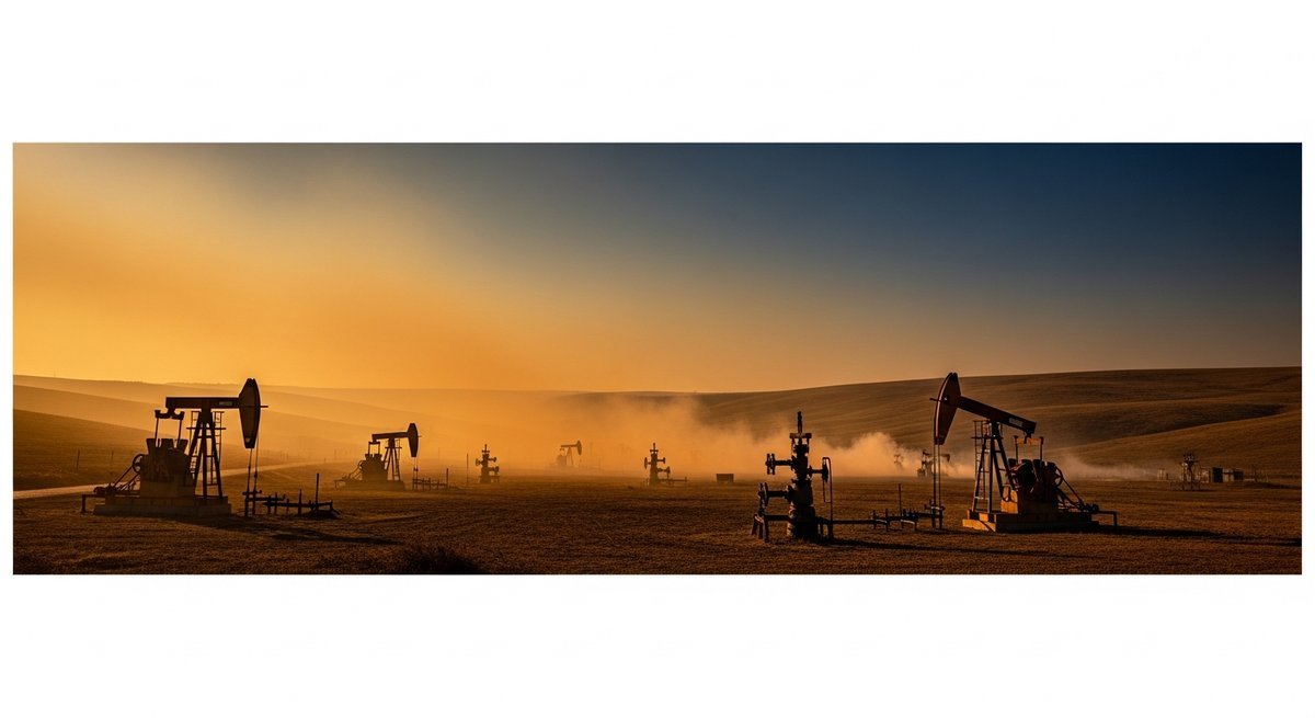 Rural valley with idle oil wellheads and a hazy heat shimmer sky conveying invisible methane greenhouse gas impact