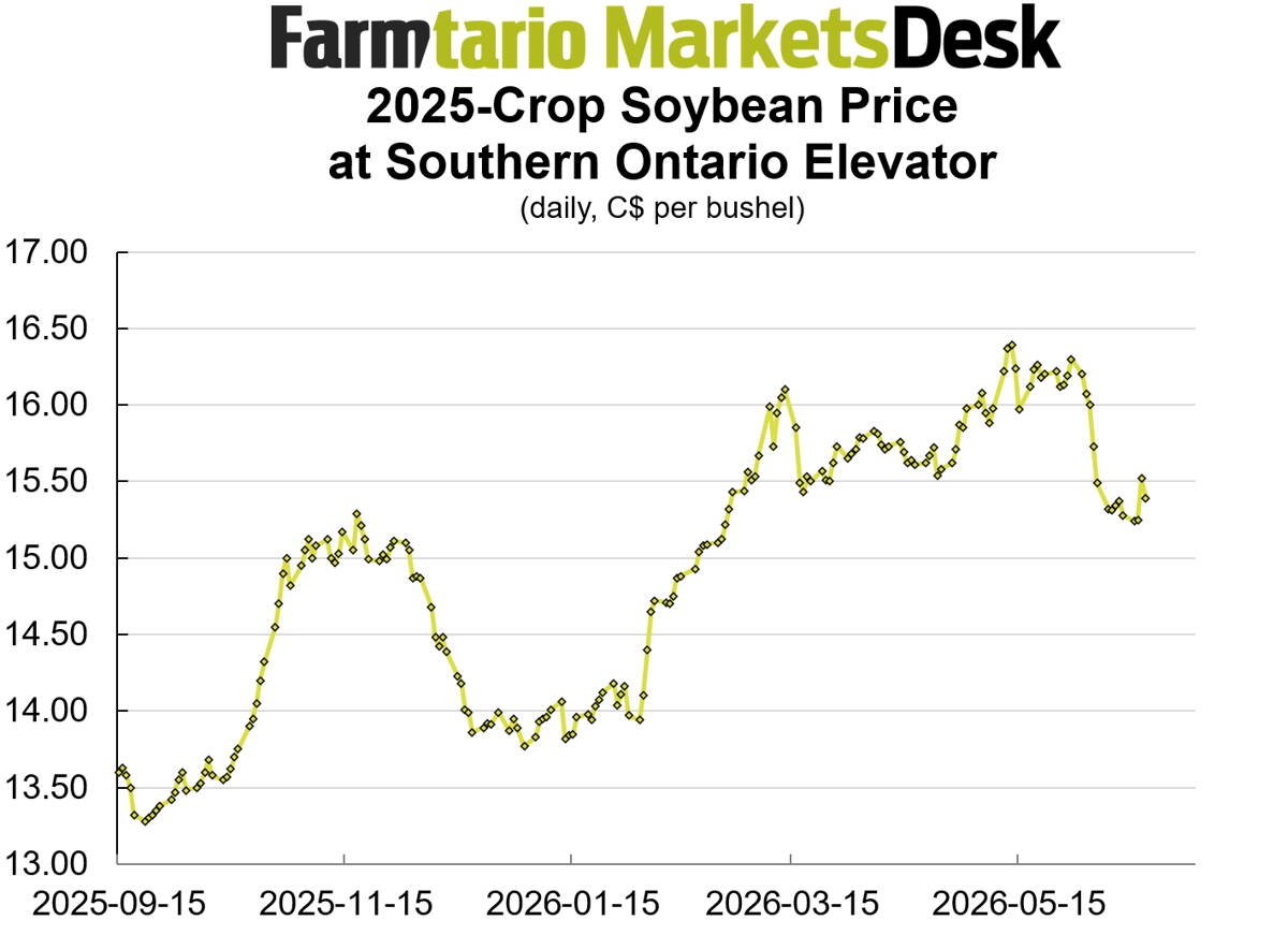 Southern Ontario cash soybean prices have lost per bushel since late May.