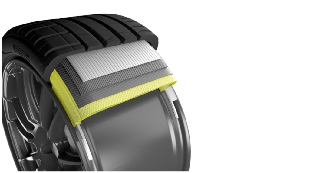 Cutaway diagram of a Pirelli tire showing the layers in its composition.