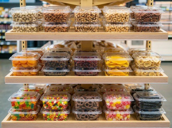 prepared food containers on shelf in grocery store