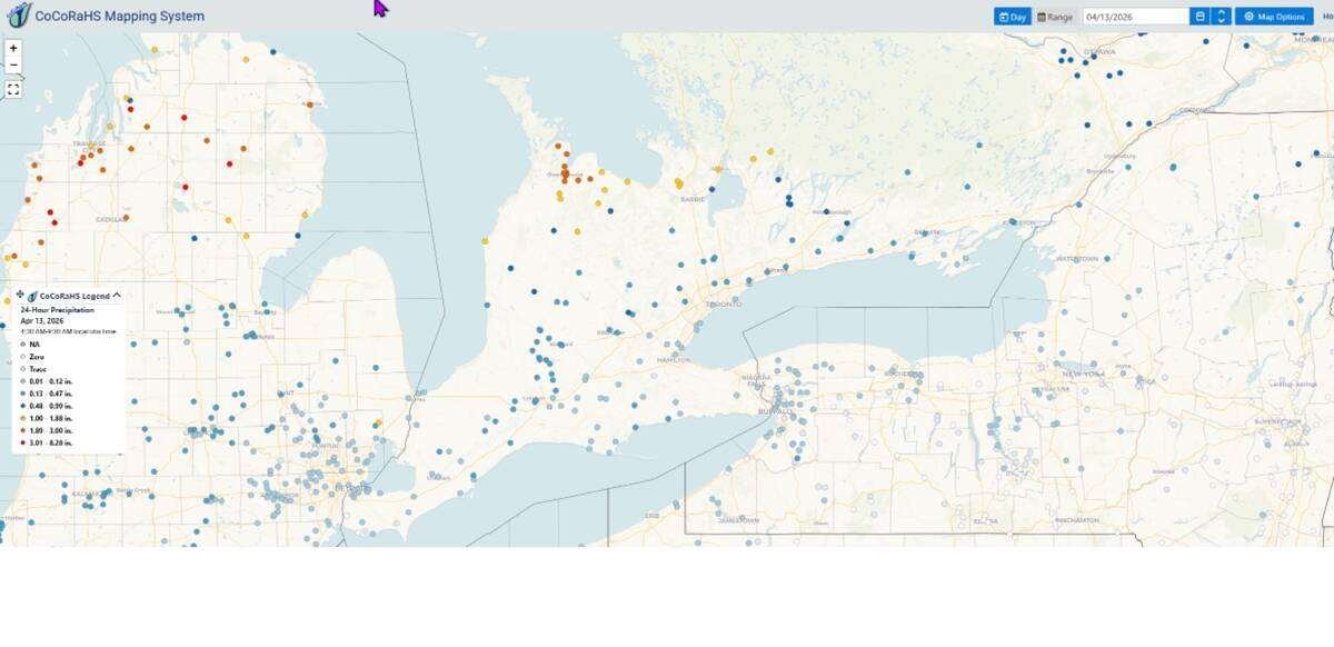 A map of the rain gauges that contribute to the CoCoRaHS network. Photo: Ian McDonald