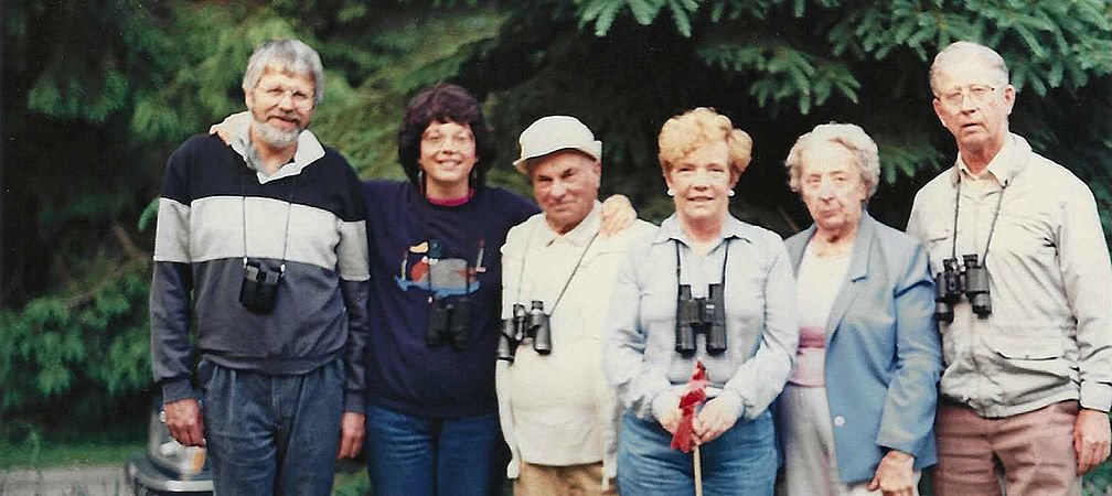Friends of Thickson's Woods, early supporters, Thickson's Woods, Whitby, From left to right, Dennis Barry, Margaret Carney, Edge Pegg, Margaret Bain, Mary Calvert and Dave Calvert, summer 1988